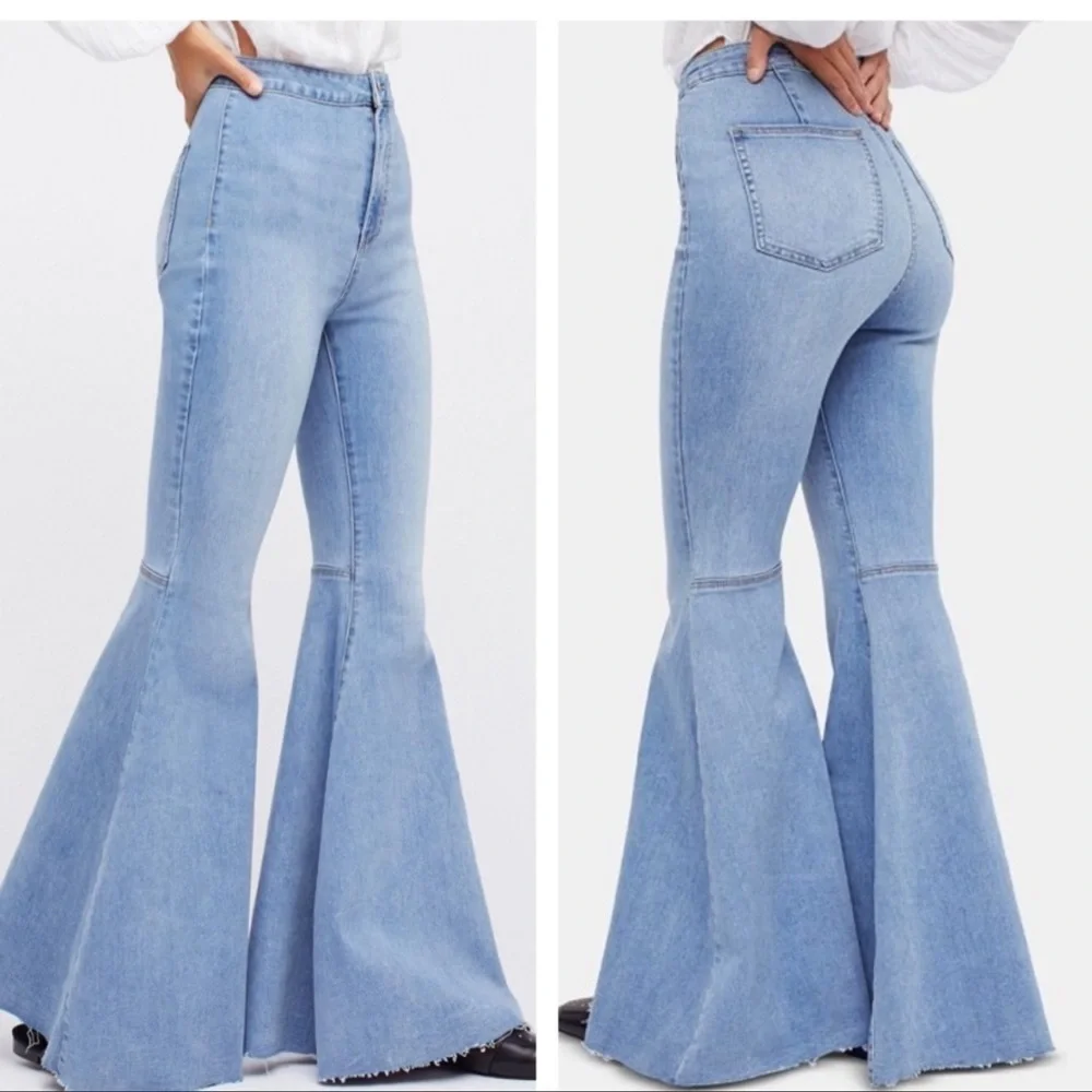 - Just Float On Flare Bell Bottom High Rise Raw Hem